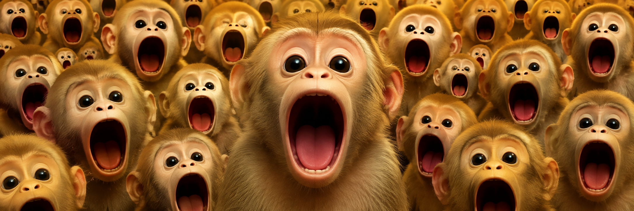 A massive crowd of apes with mouths wide open in a pop expression